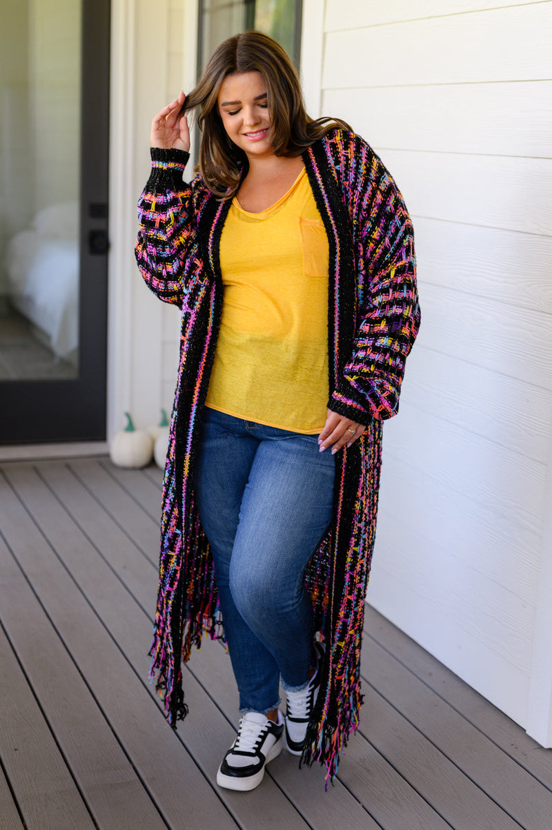 Double Take Multicolored Open Front Fringe Hem Cardigan