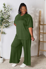 Double Take Round Neck Slit Top and Pants Set in Multiple Colors