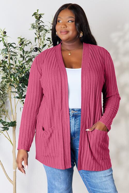 Basic Bae Ribbed Open Front Cardigan with Pockets in Multiple Colors