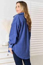 Heimish Cozy Girl Button Down Shacket in Dusty Blue