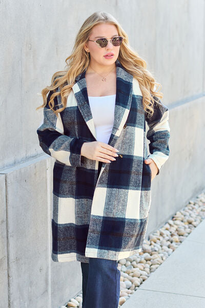 Double Take Plaid Button Up Lapel Collar Coat in 8 Colors