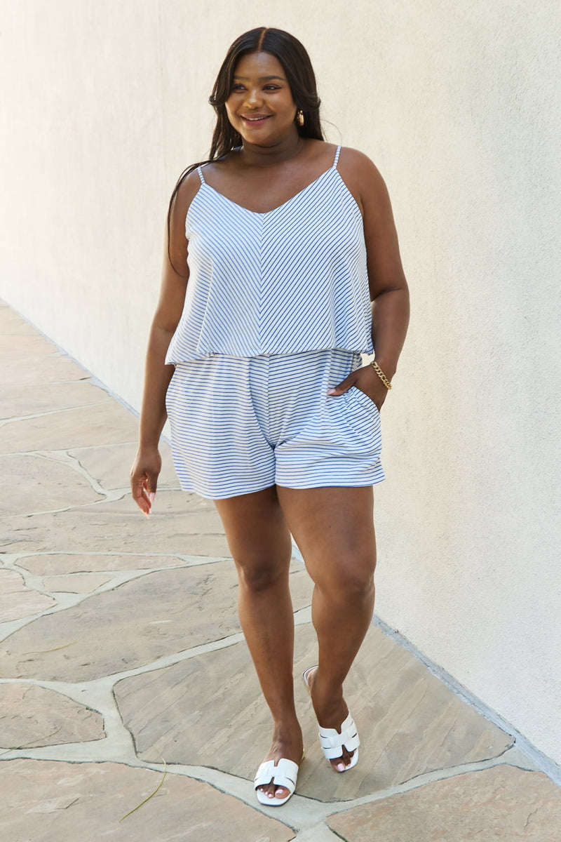 Culture Code Let It Happen Double Flare Striped Romper in Cobalt Blue