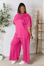 Double Take Round Neck Slit Top and Pants Set in Multiple Colors