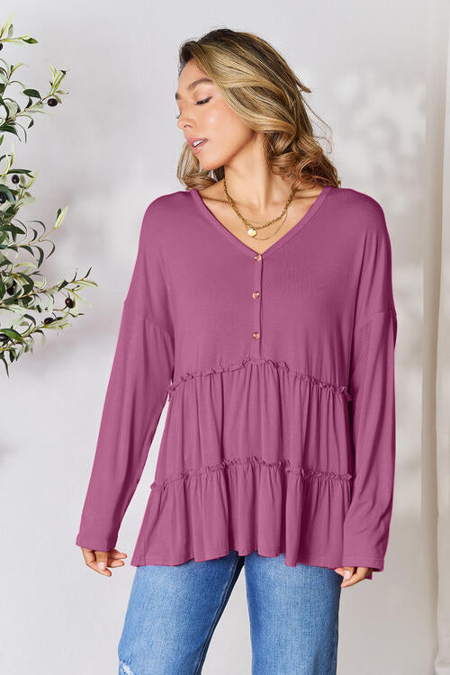 Double Take Half Button Long Sleeve Ruffle Hem Blouse in Multiple Colors