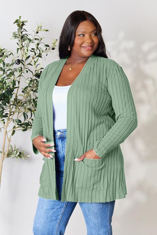 Basic Bae Ribbed Open Front Cardigan with Pockets in Multiple Colors