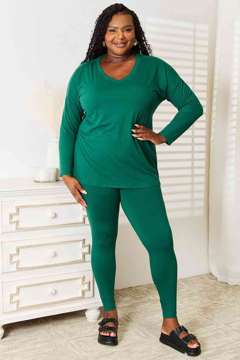 Zenana Lazy Days Long Sleeve Top and Leggings Set in Dark Green