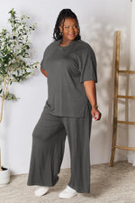 Double Take Round Neck Slit Top and Pants Set in Multiple Colors