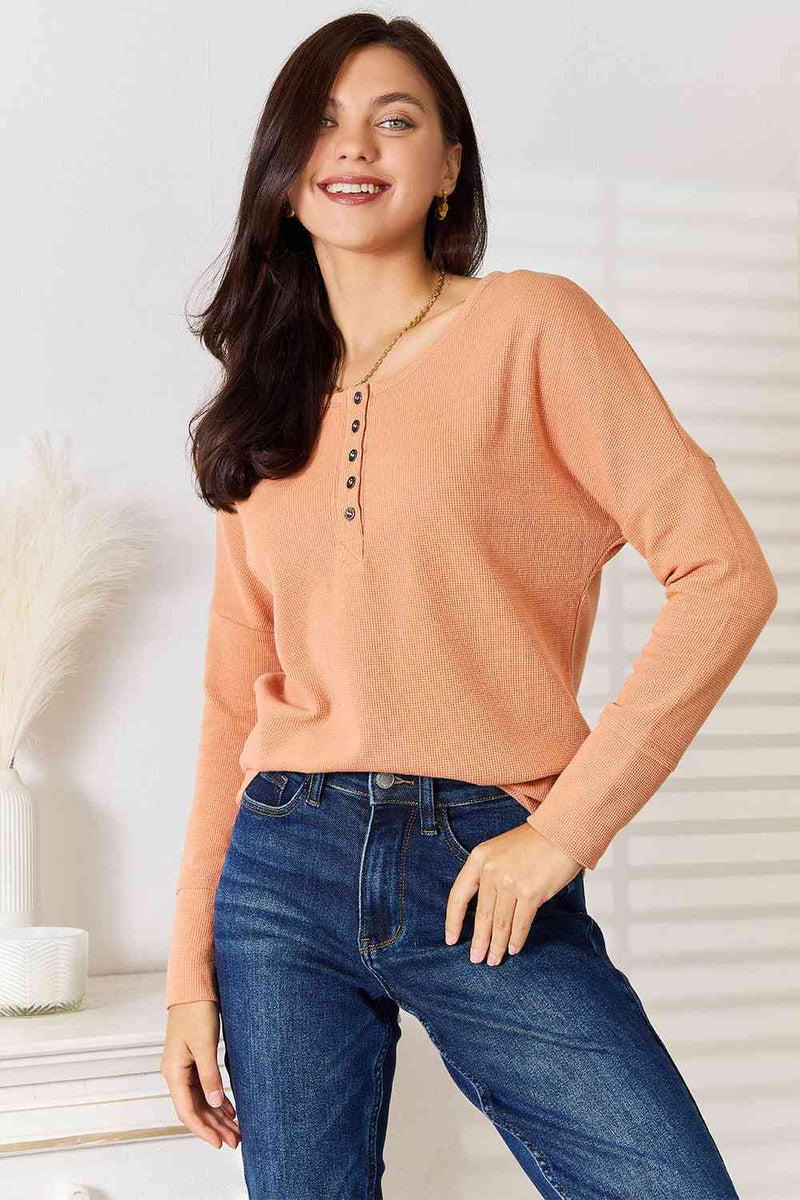 Basic Bae Half Button Long Sleeve Henley Top