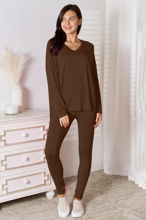 Basic Bae V-Neck Soft Rayon Long Sleeve Top and Pants Lounge Set in Multiple Colors