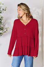 Double Take Half Button Long Sleeve Ruffle Hem Blouse in Multiple Colors