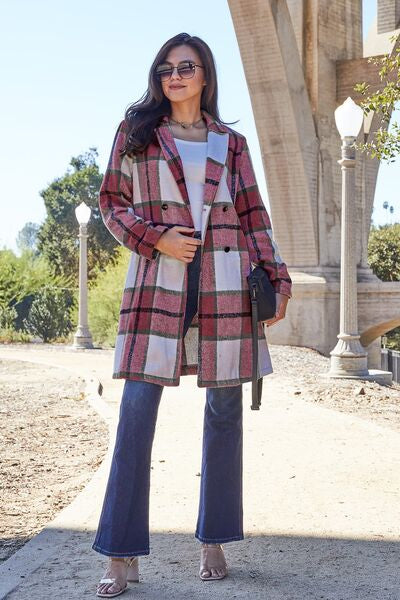 Double Take Plaid Button Up Lapel Collar Coat in 8 Colors