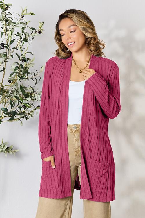 Basic Bae Ribbed Open Front Cardigan with Pockets in Multiple Colors