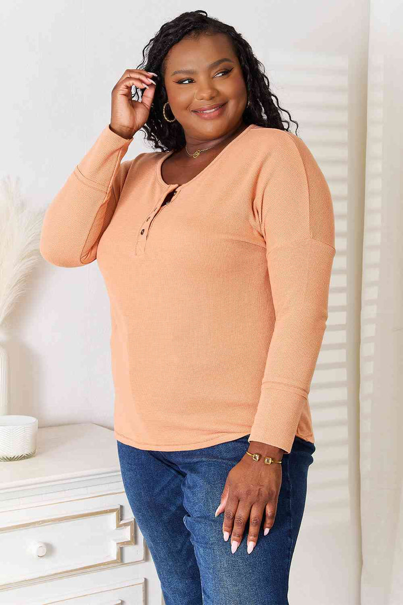 Basic Bae Half Button Long Sleeve Henley Top