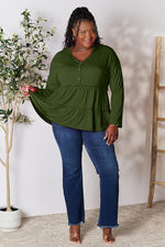 Double Take Half Button Long Sleeve Ruffle Hem Blouse in Multiple Colors