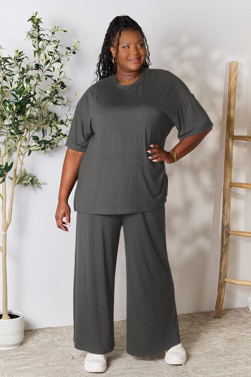 Double Take Round Neck Slit Top and Pants Set in Multiple Colors