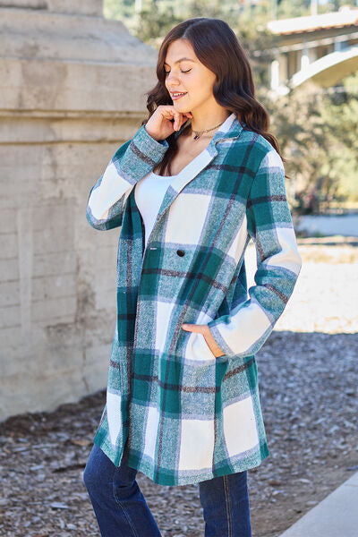 Double Take Plaid Button Up Lapel Collar Coat in 8 Colors