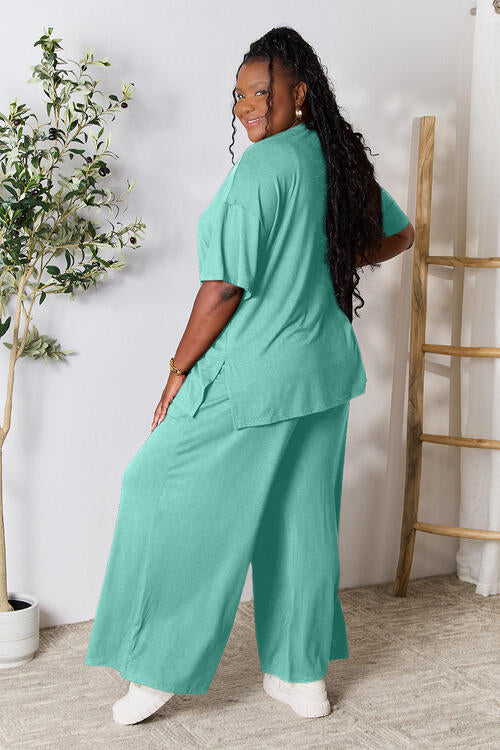 Double Take Round Neck Slit Top and Pants Set in Multiple Colors