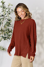 Basic Bae Ribbed Round Neck Slit Knit Top in Multiple Colors