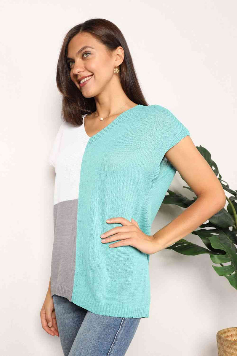 Double Take Color Block V-Neck Knit Top in Multiple Colors