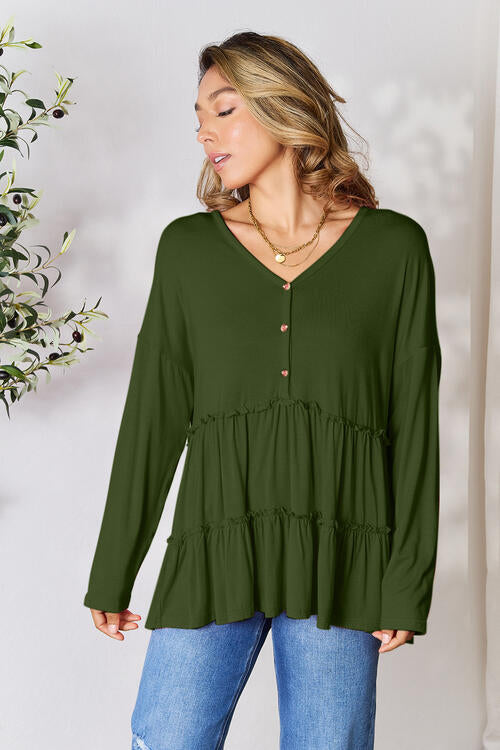 Double Take Half Button Long Sleeve Ruffle Hem Blouse in Multiple Colors