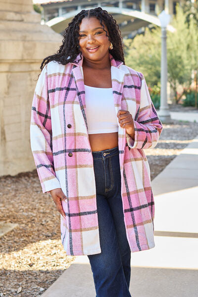 Double Take Plaid Button Up Lapel Collar Coat in 8 Colors