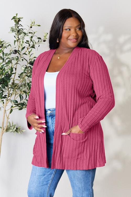 Basic Bae Ribbed Open Front Cardigan with Pockets in Multiple Colors