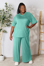 Double Take Round Neck Slit Top and Pants Set in Multiple Colors