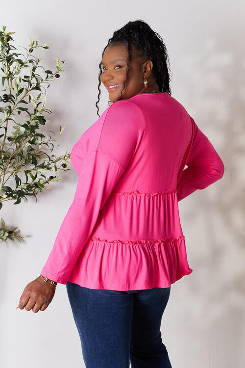 Double Take Half Button Long Sleeve Ruffle Hem Blouse in Multiple Colors