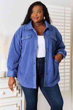 Heimish Cozy Girl Button Down Shacket in Dusty Blue