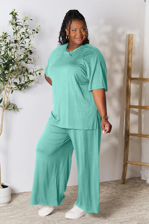 Double Take Round Neck Slit Top and Pants Set in Multiple Colors