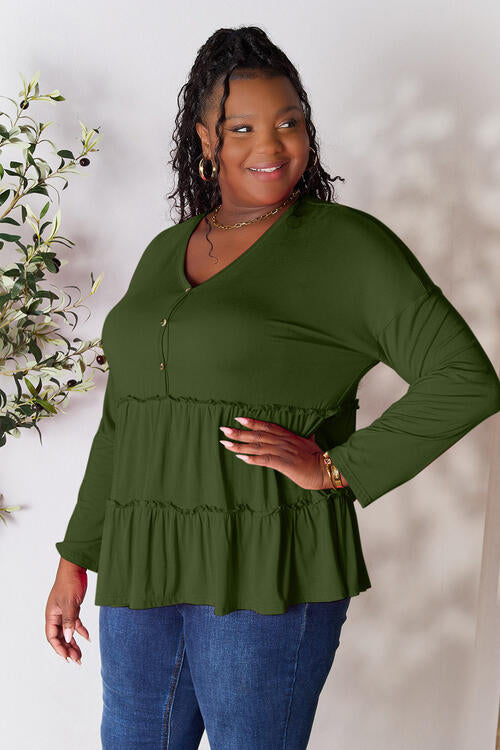 Double Take Half Button Long Sleeve Ruffle Hem Blouse in Multiple Colors