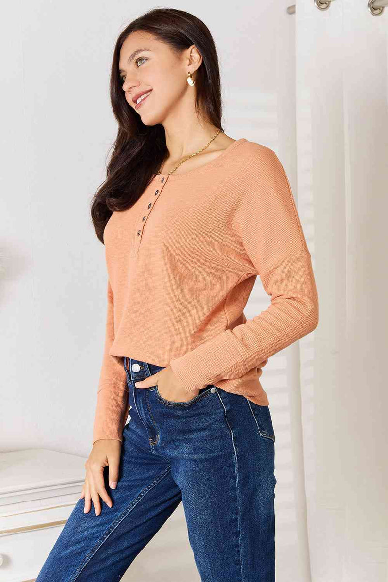 Basic Bae Half Button Long Sleeve Henley Top