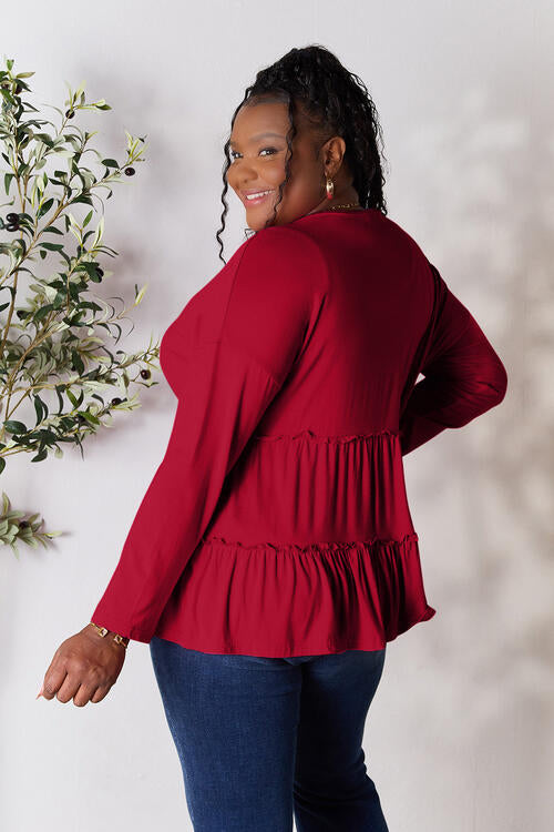 Double Take Half Button Long Sleeve Ruffle Hem Blouse in Multiple Colors