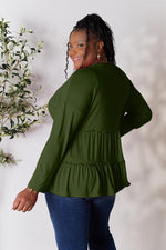 Double Take Half Button Long Sleeve Ruffle Hem Blouse in Multiple Colors