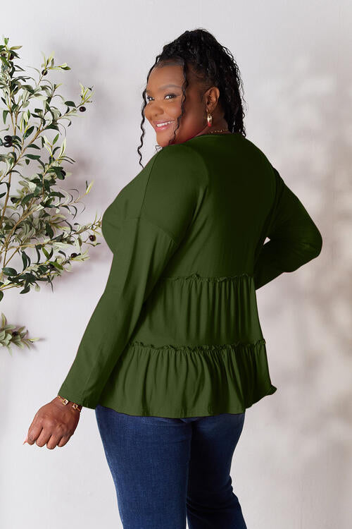 Double Take Half Button Long Sleeve Ruffle Hem Blouse in Multiple Colors