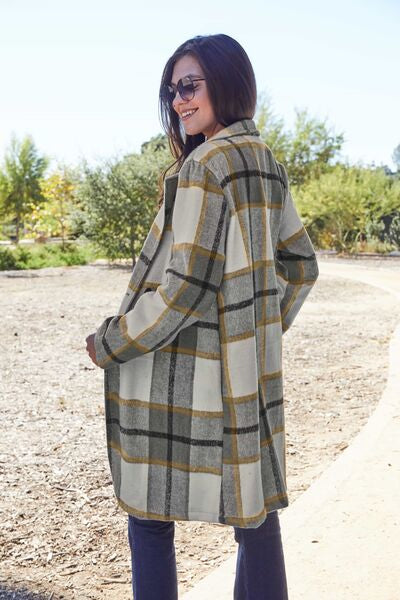 Double Take Plaid Button Up Lapel Collar Coat in 8 Colors