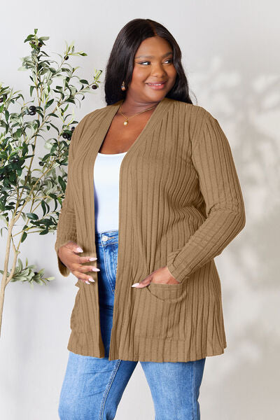 Basic Bae Ribbed Open Front Cardigan with Pockets in Multiple Colors