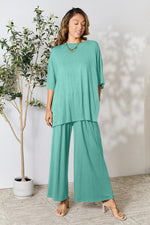 Double Take Round Neck Slit Top and Pants Set in Multiple Colors