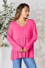 Double Take Half Button Long Sleeve Ruffle Hem Blouse in Multiple Colors