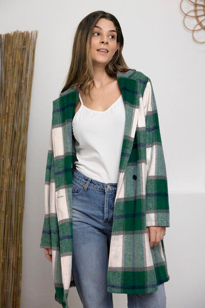 Double Take Plaid Button Up Lapel Collar Coat in 8 Colors