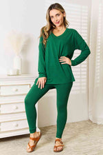 Zenana Lazy Days Long Sleeve Top and Leggings Set in Dark Green