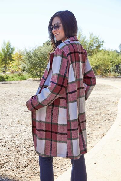 Double Take Plaid Button Up Lapel Collar Coat in 8 Colors