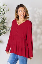 Double Take Half Button Long Sleeve Ruffle Hem Blouse in Multiple Colors