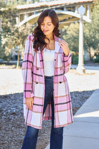 Double Take Plaid Button Up Lapel Collar Coat in 8 Colors