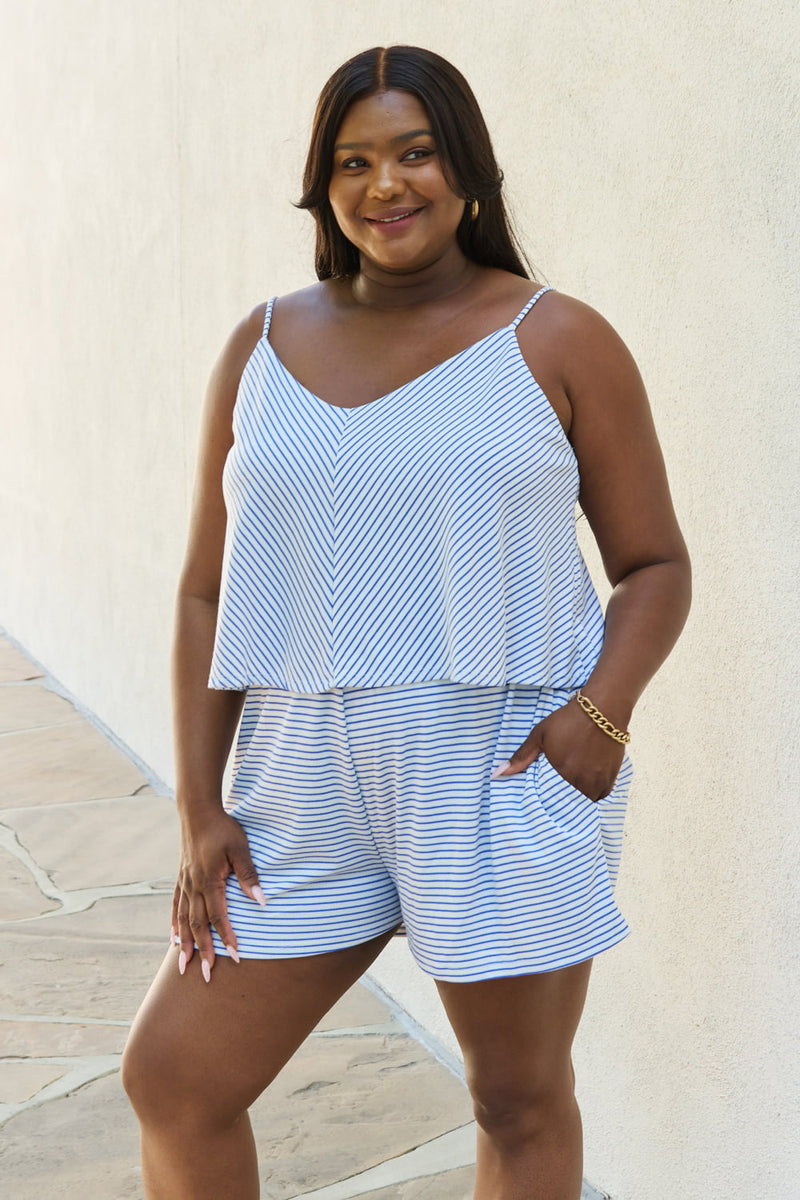 Culture Code Let It Happen Double Flare Striped Romper in Cobalt Blue