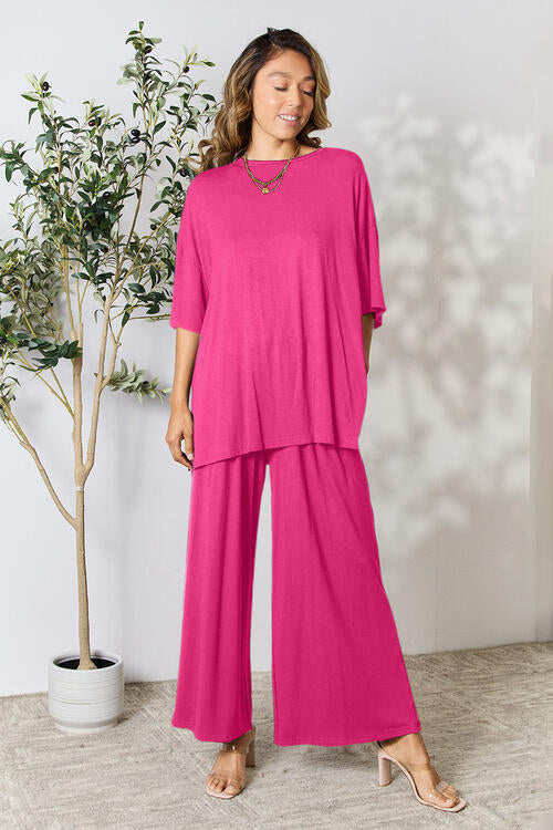 Double Take Round Neck Slit Top and Pants Set in Multiple Colors