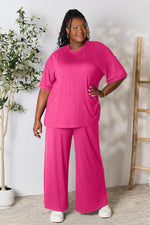 Double Take Round Neck Slit Top and Pants Set in Multiple Colors