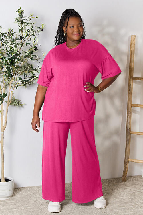 Double Take Round Neck Slit Top and Pants Set in Multiple Colors