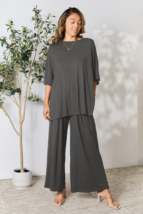 Double Take Round Neck Slit Top and Pants Set in Multiple Colors