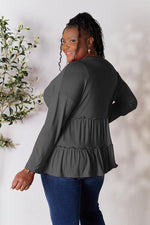 Double Take Half Button Long Sleeve Ruffle Hem Blouse in Multiple Colors